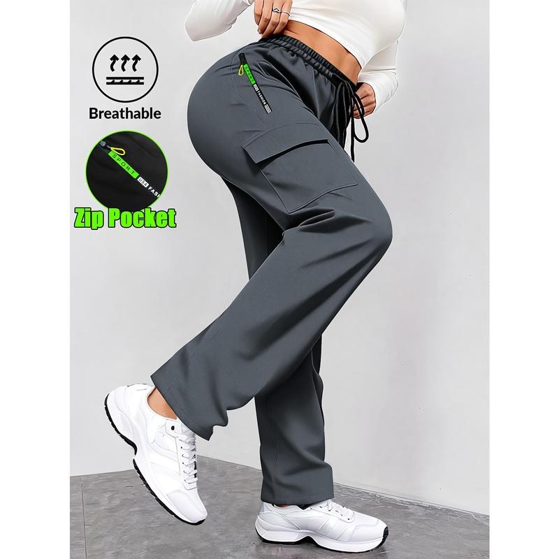 Summer Women's Lightweight Green Cargo Pants | Multiple Pockets + Adjustable Drawstring Waist | Breathable Non-Stretch Fabric for Gym & Streetwear