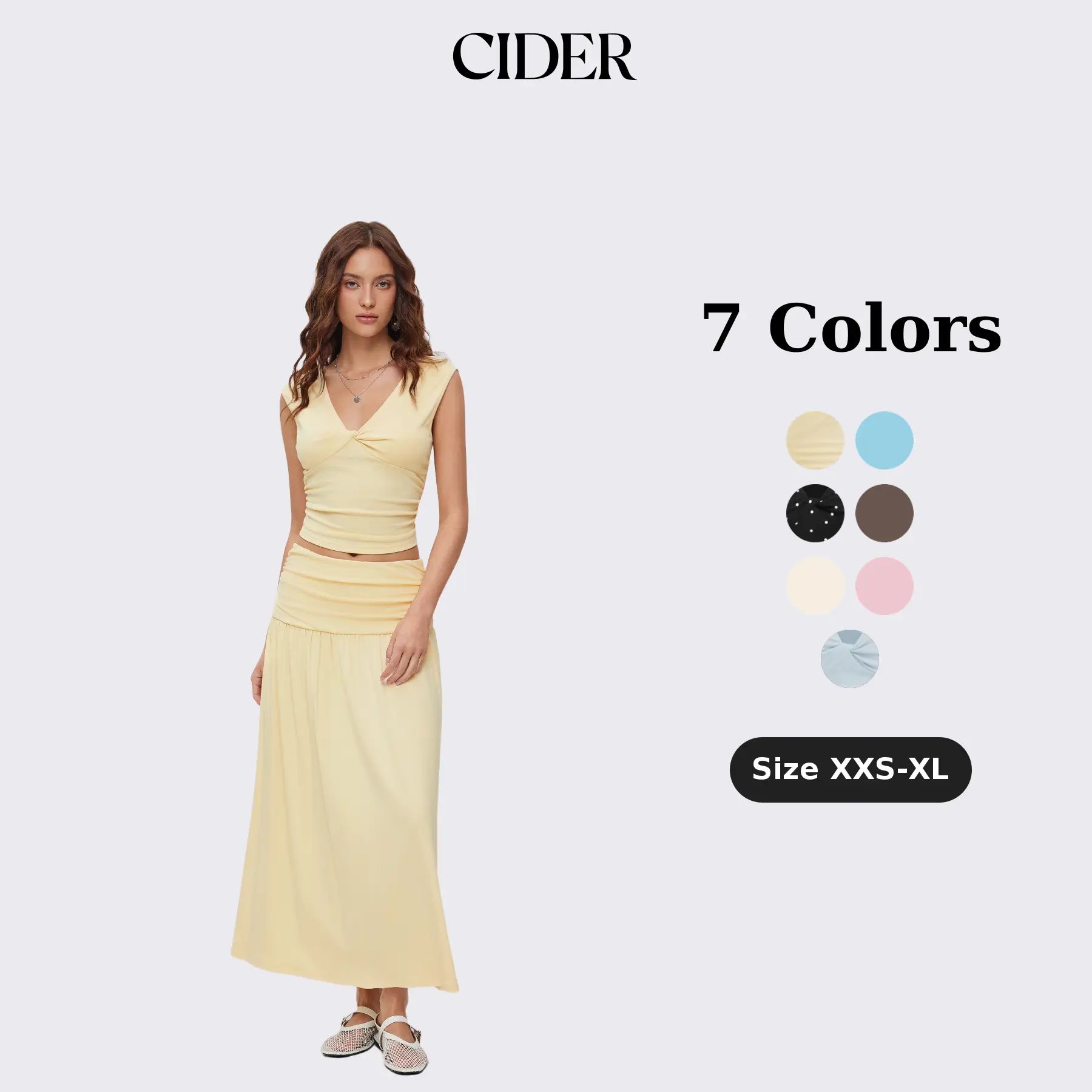 Cider Elegant Vacation V-Neck 2-Piece Set for Beach Holiday, Elegant 2-Piece Outfits, Ladies Ruched Top, Maxi Skirt Set, Vintage Lady Blouse SohoChic