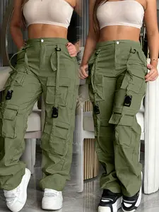 Women's Loose Fit Cargo Pants, Solid Color, Multiple Pockets, Zipper Fly, Casual Street Style, Spring & Fall, Long Pants for Outdoor Activities, Womenswear