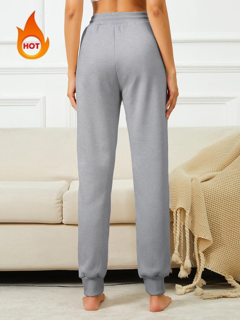 Women's Solid Drawstring Waist Thermal Lined Sweatpants, Casual Elastic Waist Pocket Jogger Pants for Fall & Winter, Women's Trousers for Daily Wear