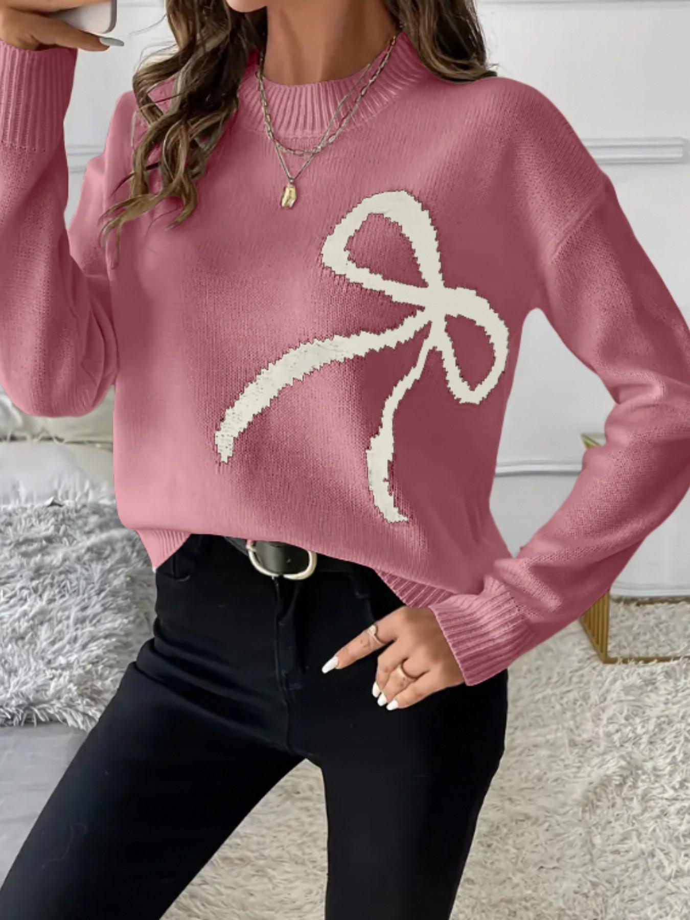 Women Bow Pattern Crew Neck Knit Sweater, Long Sleeve Loose Drop Shoulder Cropped Pullover, Coquette Aesthetic Fall Casual Tops