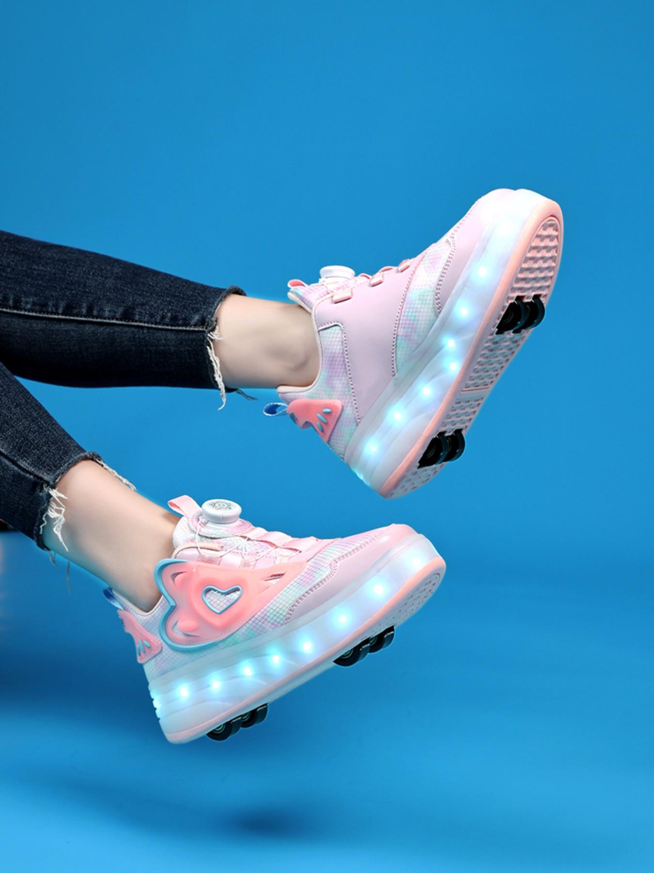 Girls' Walking Shoes with Rotating Buckle, Night Glow Color Changing LED Lights, Waterproof Leather, USB Rechargeable, Detachable Wheels, Trendy Trainers