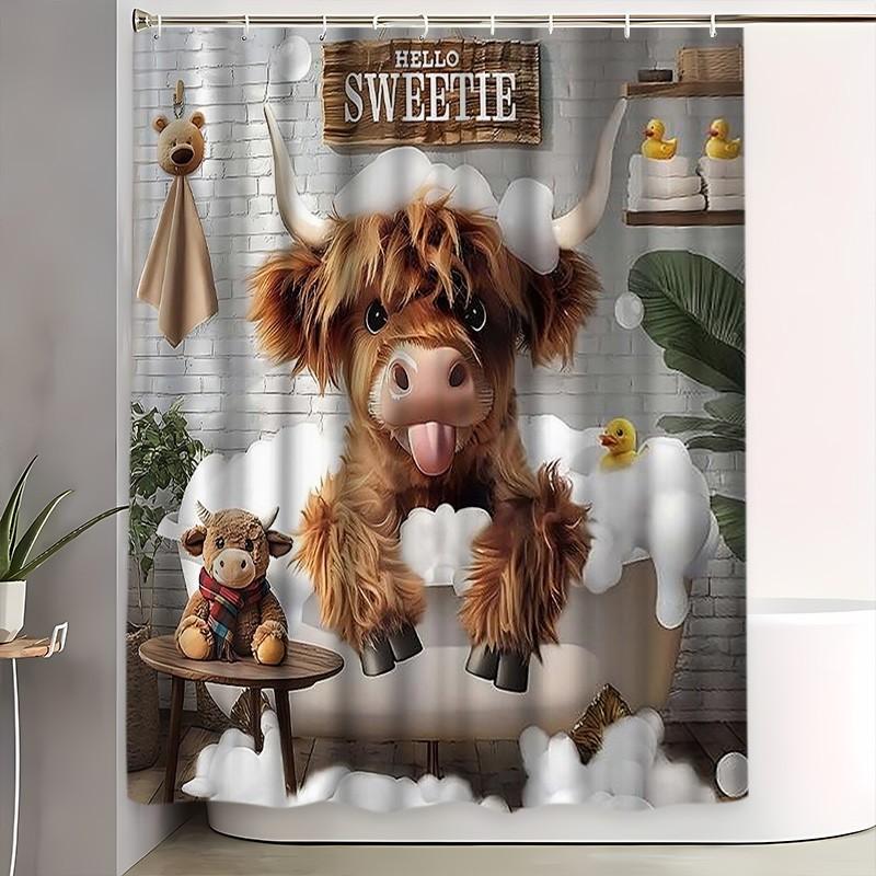 Cute Highland Cow Bubble Bath Bathroom Set, 4-Piece Shower Curtain Set, Home Bathroom Decor, Includes Mat, Toilet Cover, U-Shaped Pad