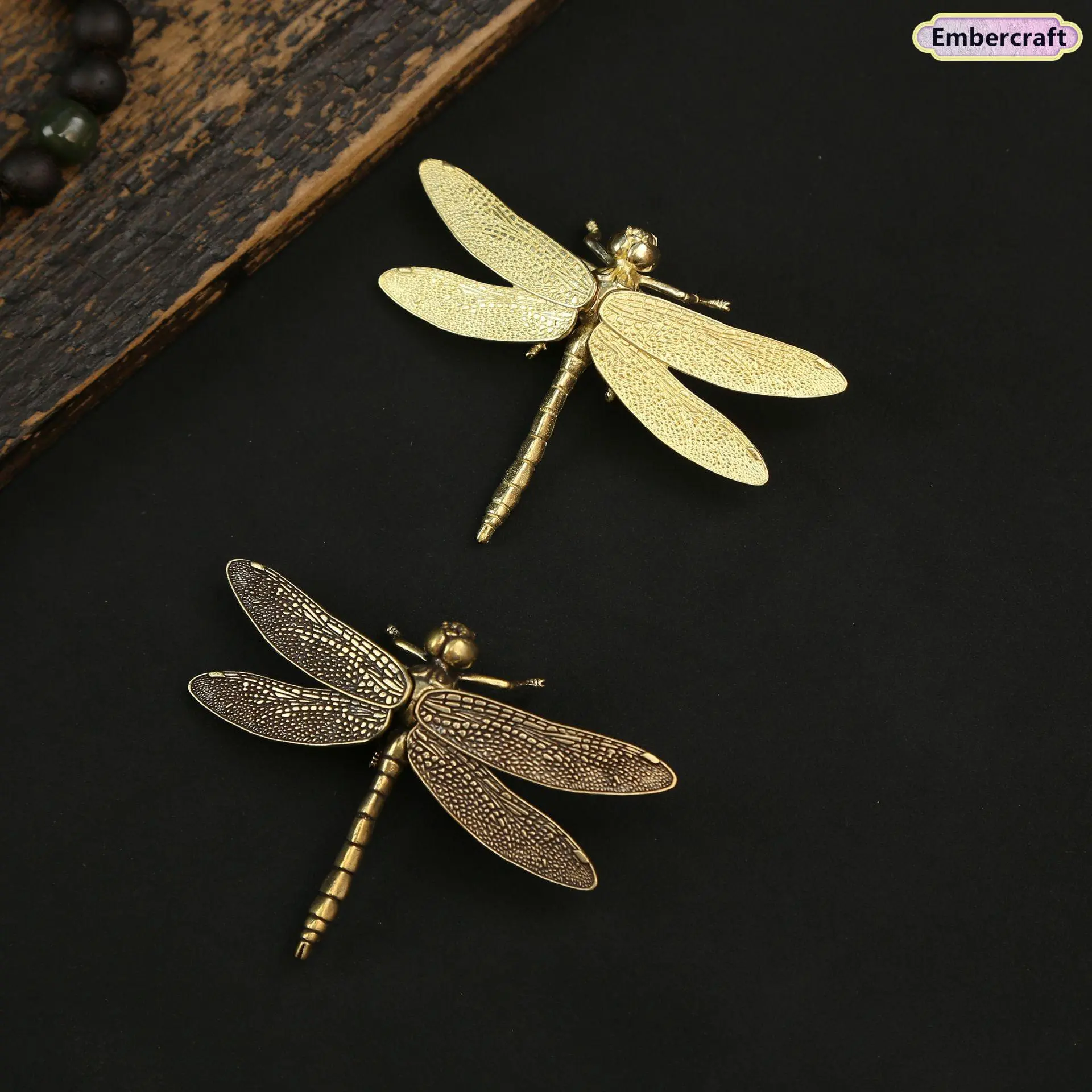 Vintage Brass Large Dragonfly Ornament - Removable Wings Metal Desktop Craft Figurine, Traditional Lucky Tea Pet, Gold Antique Collectible Art, Unique Aesthetic Room Decor Gift for Home Office