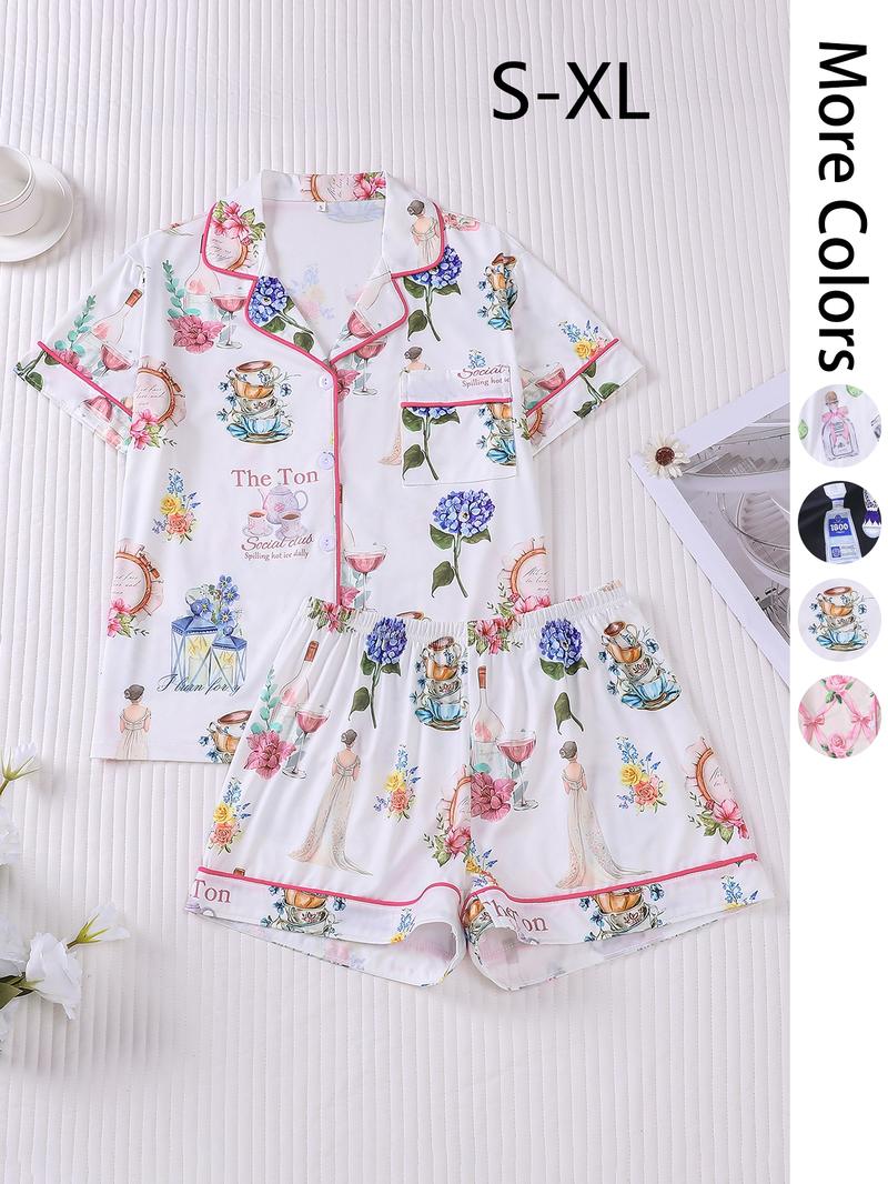 Women's All Over Print Lapel Shirt & Shorts Pajama Two-piece Set, Casual Comfy Short Sleeve Top & Elastic Waist Shorts Set, Ladies Summer Sleepwear, Pjs