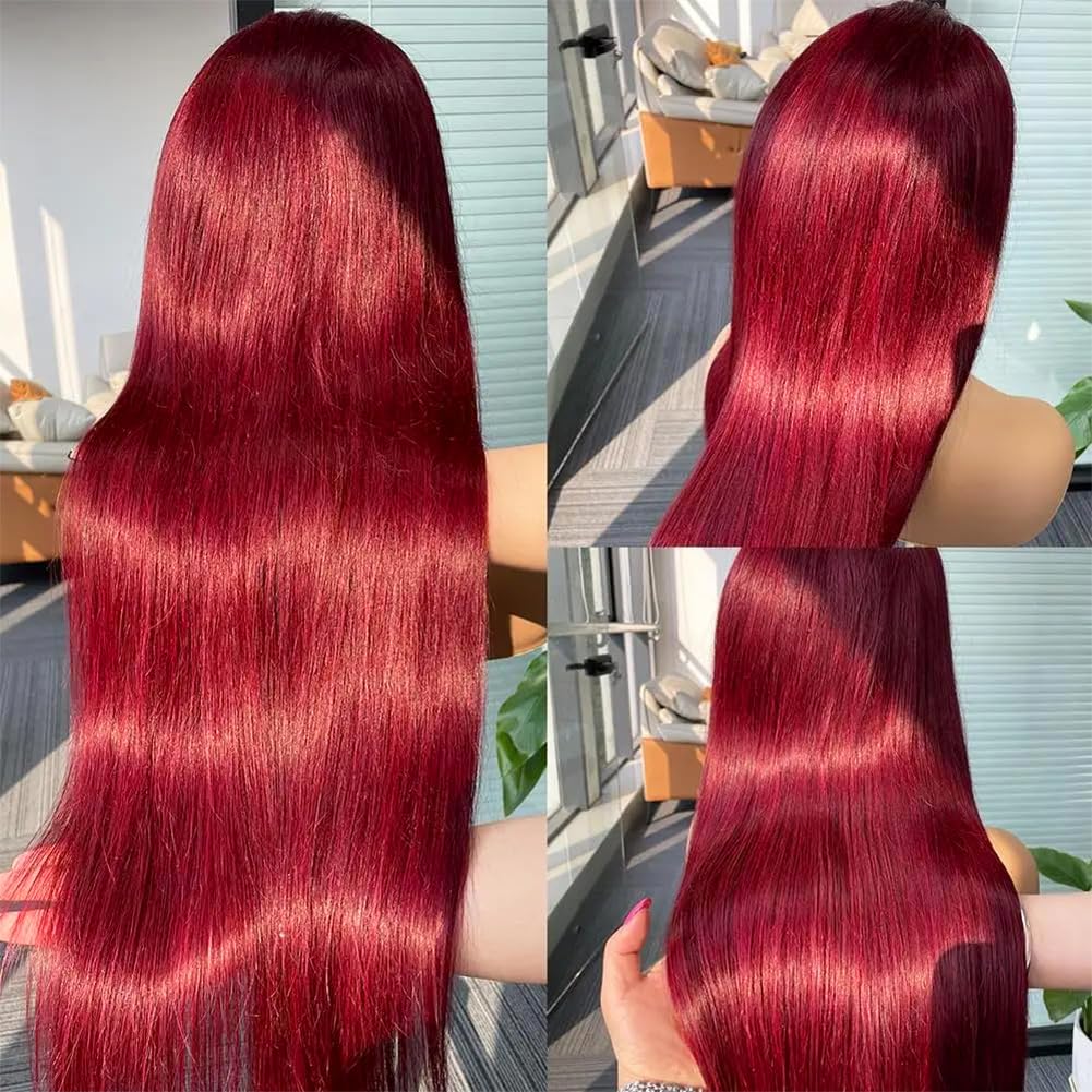 Burgundy Wig Human Hair 13x4 HD Transparent Lace Front Wig Straight 99J Red Wine Lace Frontal Wig Blended Hair Colored Reddish Brown Lace Frontal Wigs 200% Density Pre Plucked with Baby Hair