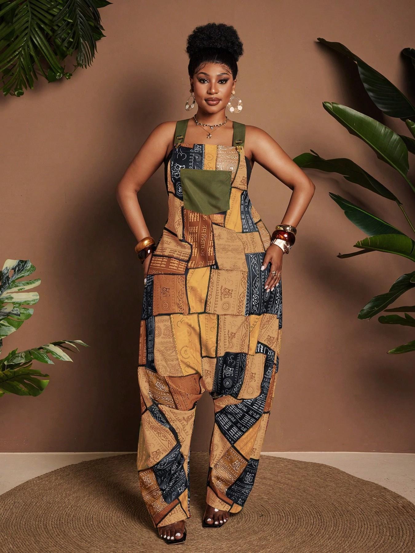 Women's Patchwork Print Jumpsuit, Boho Style Slim-Fitting Overall, Loose Wide Leg Casual Romper, All over Print Clothing, Bohemian
