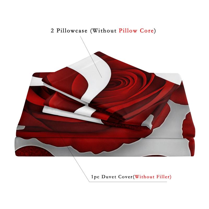 3 Counts/set Valentine's Day Love Letter Rose Pattern Duvet Cover Set including 1 Duvet Cover + 2 Pillowcases, Soft and Comfortable Decorative Bedding for Bedroom or Guest Room, Without Comforter