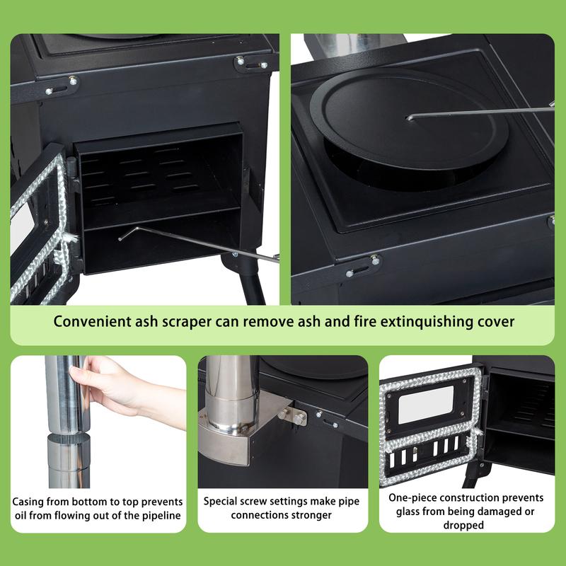 Camping Wood Stove, Outdoor Portable Tent Wood Burning Stove with Stainless Chimney Pipes, Tent Stove Jack & Gloves for Outdoor Camping Cooking and Heating (Black)