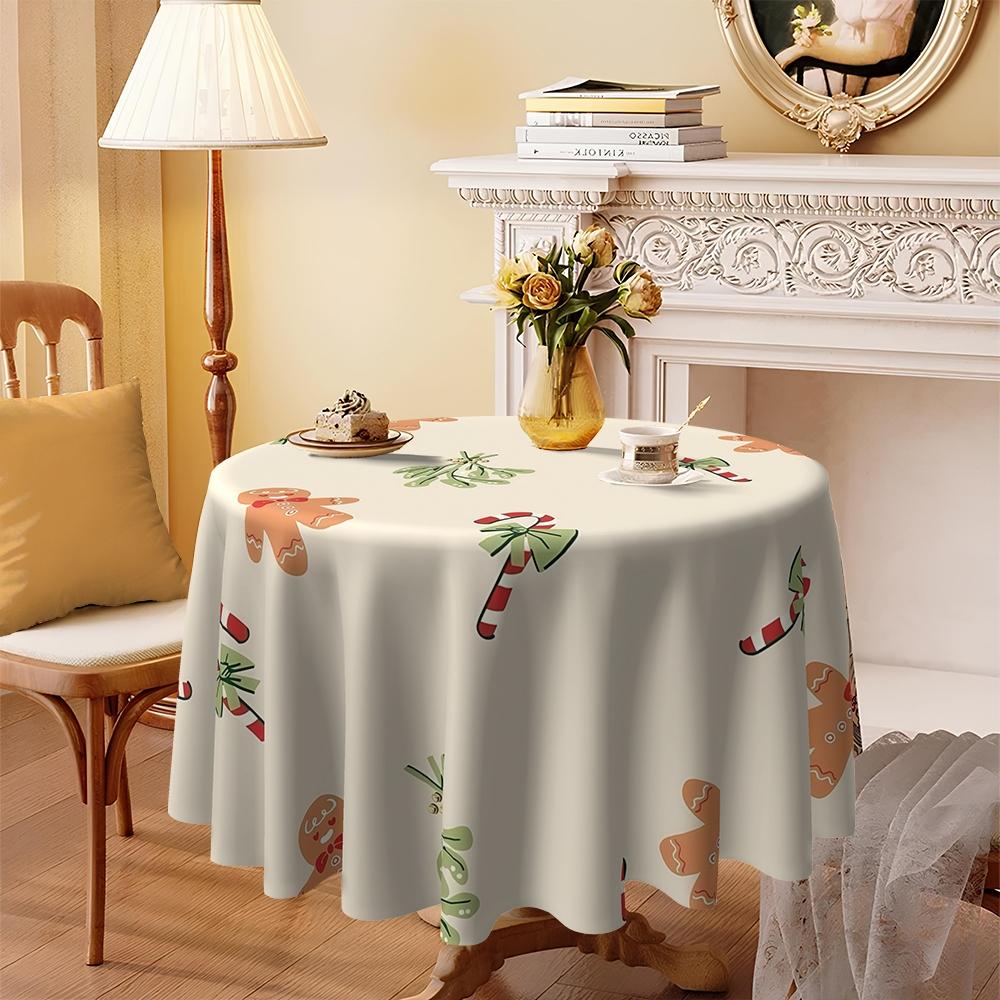 Christmas Gingerbread Man Tablecloth, 2D Flat Print, Polyester, 120g/m², Round, Kitchen Restaurant Decor, Party Gift, Hotel Home Use