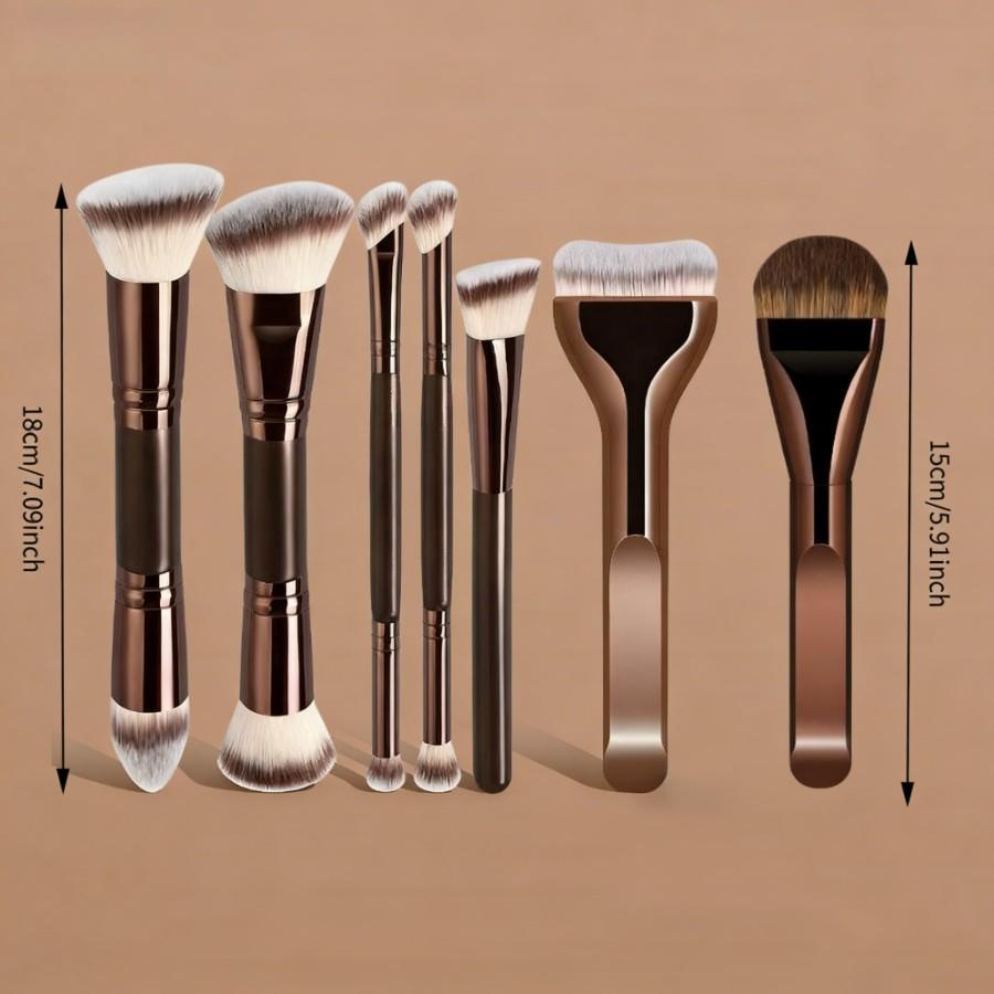 7-Piece Professional Dual-Ended Makeup Brush Set with Storage Bag, Face Makeup Brushes, High-Quality Synthetic Fiber, Ideal for Foundation, Concealer and Loose Powder, Cosmetics Brushes Set