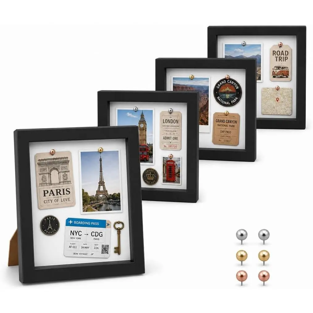 4 Pack Shadow Box Frame Display Cases, 8"x 8"  Deep Black Handicrafts Shadowbox Picture Frame  Jersey  Wedding Dress (Black)