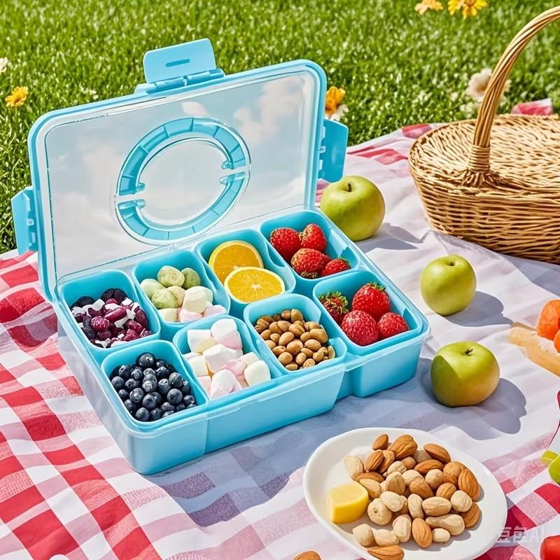 Mess-Free Stackable Snackle Box Container, 8 Compartment Divided Serving Tray with Lid & Portable Handle, BPA-Free Food Organizer for Fridge Storage, Picnics, Parties, Travel & Meal Prep