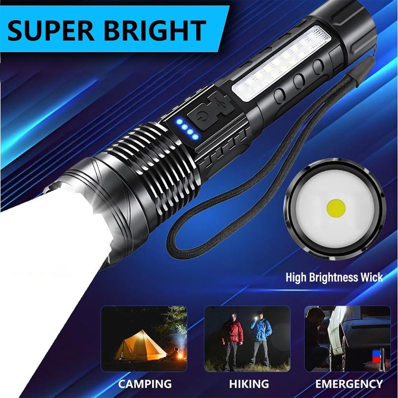 2-pack Rechargeable LED Flashlight, Portable Pen Clip Flashlight with Telescopic Zoom and Power Indicator, 7 Lighting Modes, Strong Handheld Flashlight for Outdoor, Camping, Work, Emergency Situations