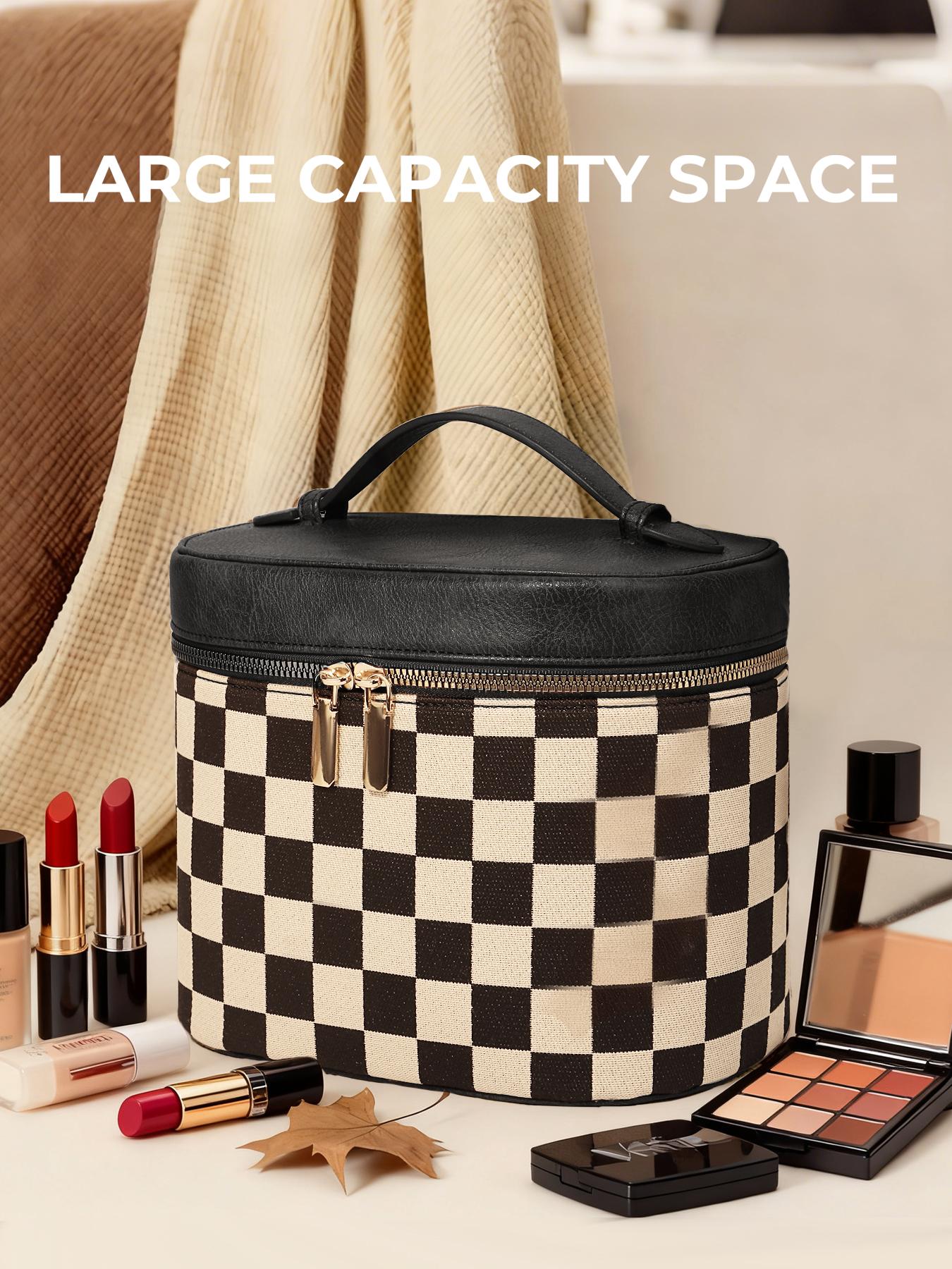 Fashion Checkered Makeup Bag Vanity Case for Women Leather Cosmetic Bag Travel Toiletry Bags Portable Makeup Organizer Case