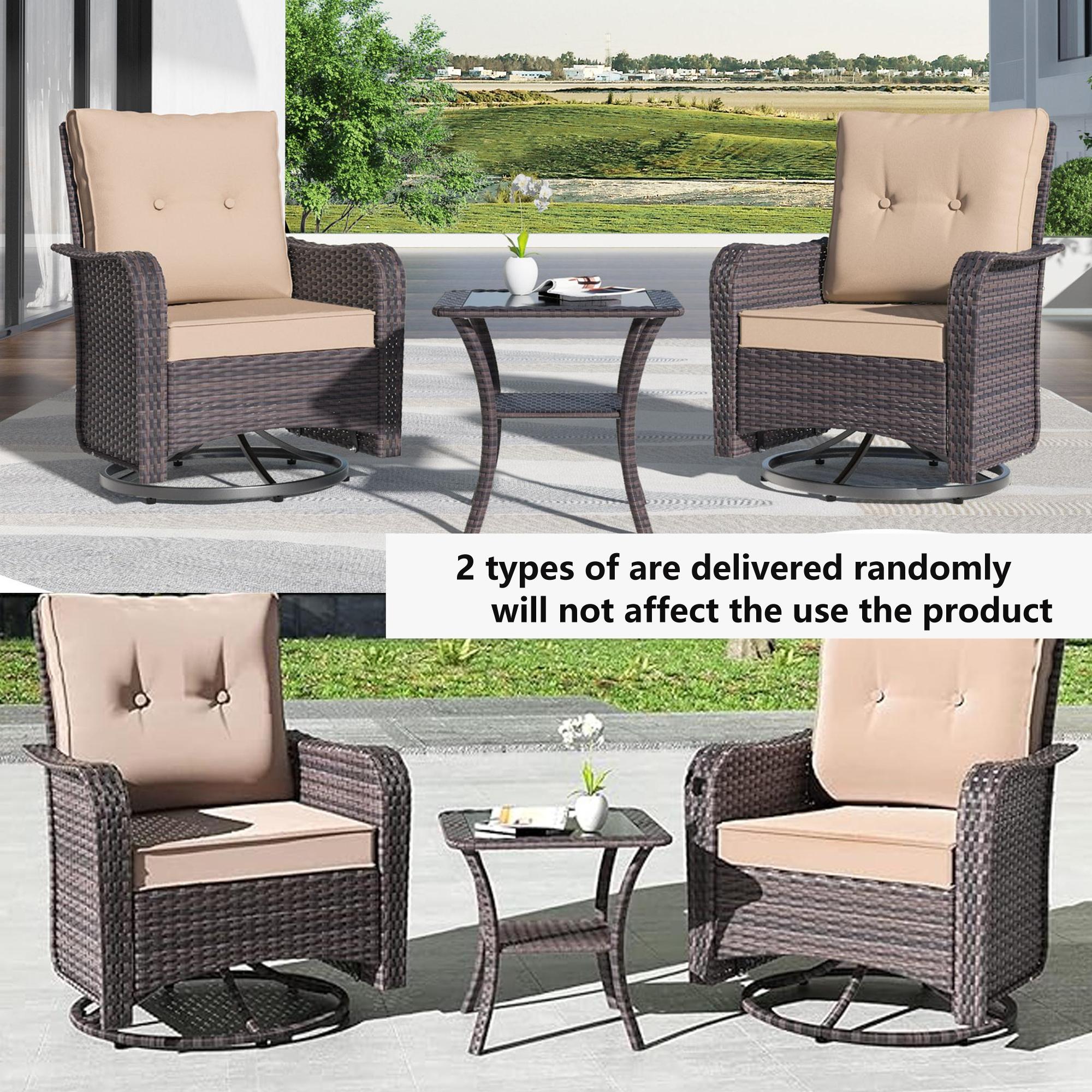 Kullavik 3 Pieces Patio Furniture Set with 4-inch Thick Cushion,360 Degree Swivel Rocking Chairs and Rattan Side Table for Garden,Porch,Backyard