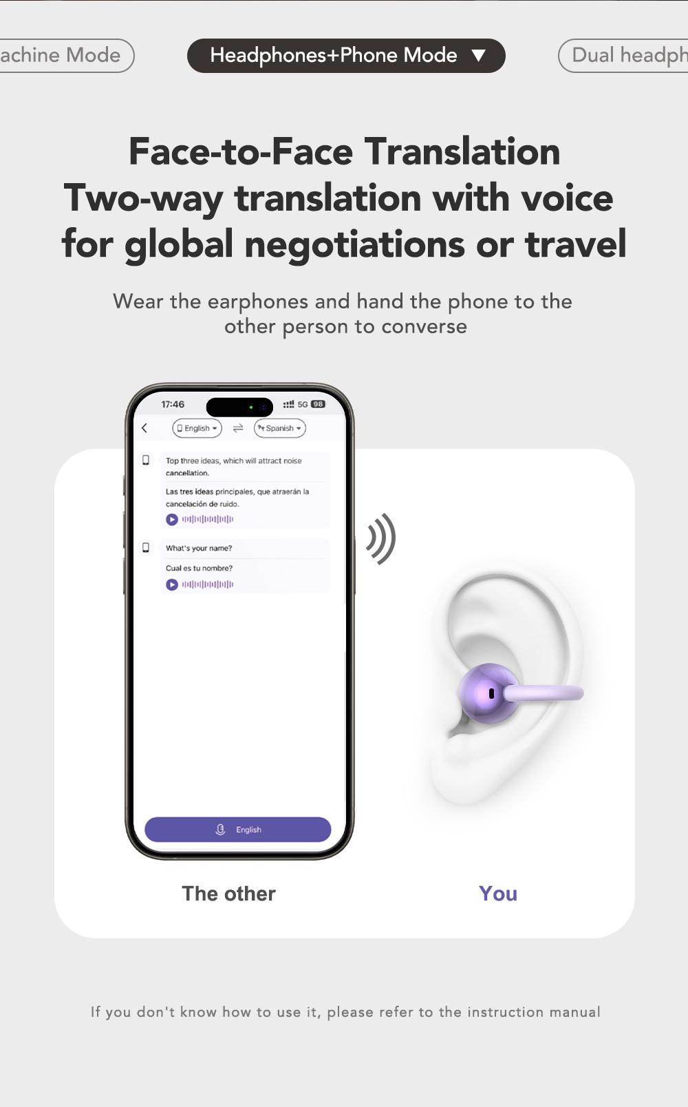 MINISO MS199 Translation Clip On Ear Headphones Full Color Touch Screen, Audio Wireless Headphones Support 135 Languages Real Time Bluetooth Translation Built-in Microphone for Music & Phone Calls,Sport Waterproof & Sweatproof