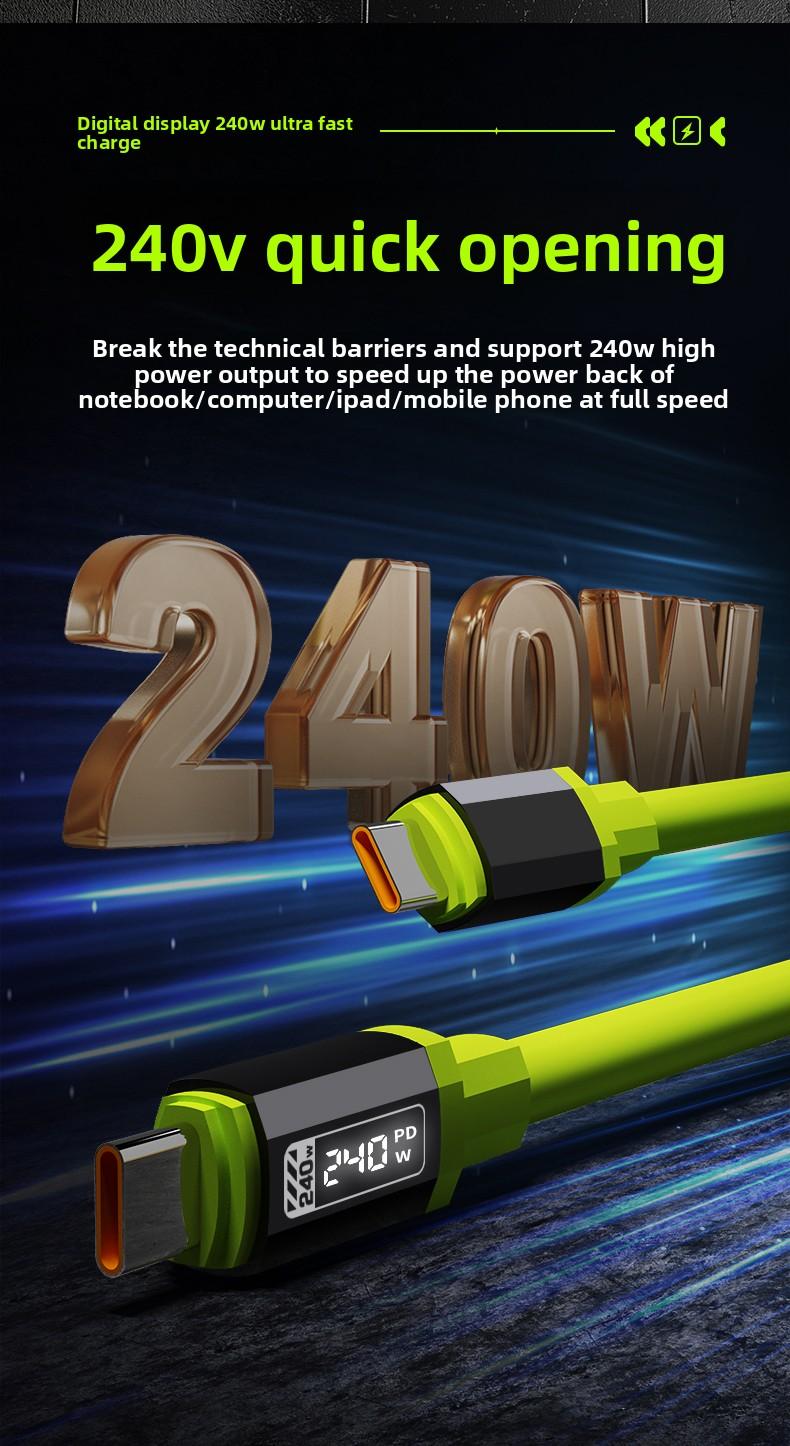 Super soft liquid silicone durable data cable 240W Digital Display Flash Fast Silicone Charging Cable 4.9ft Type C+Type C Type C+Lightning Data Sync Cable for Phones Tablets and Computers Aluminium Alloy