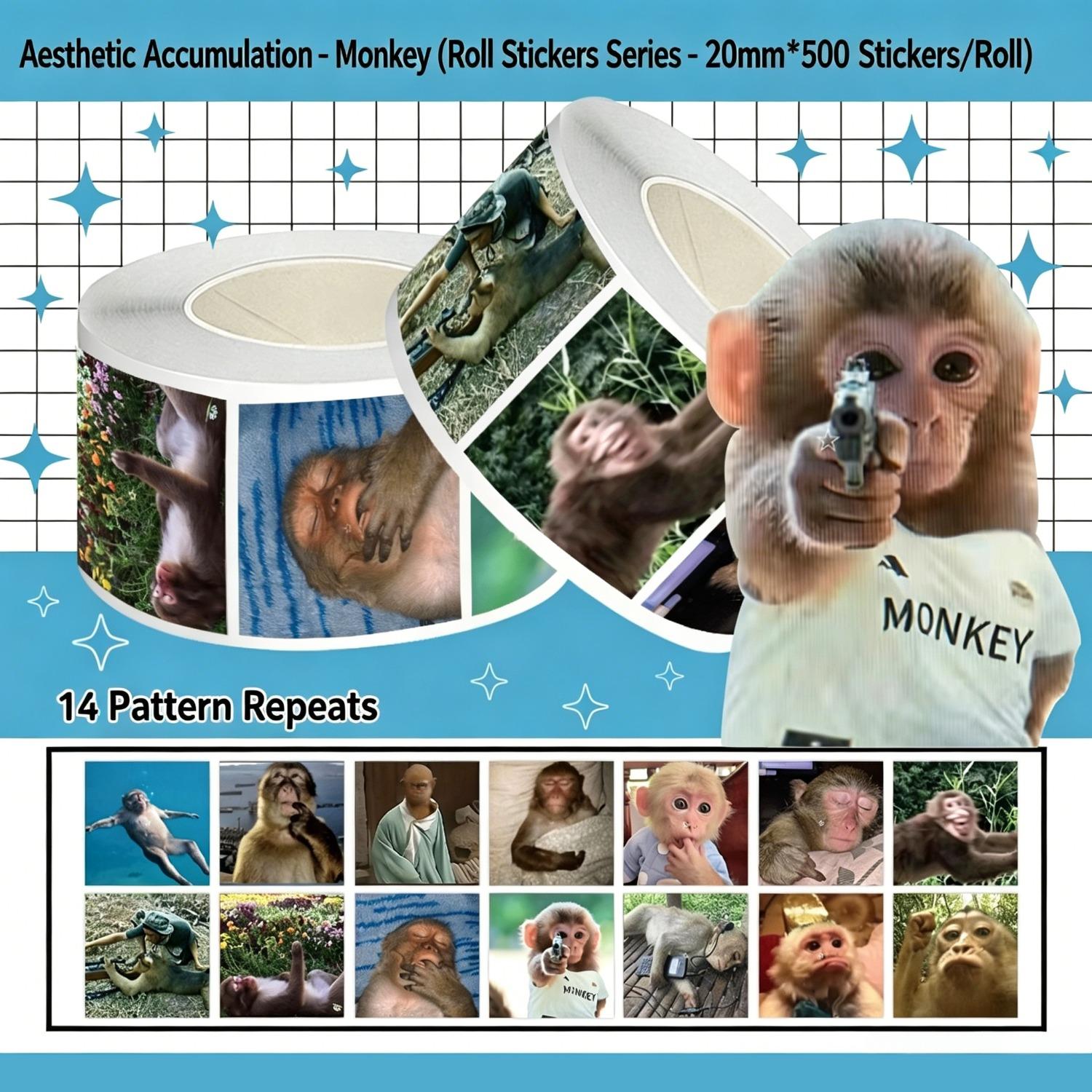 500-Piece Quirky Monkey Roll Sticker Set – Sealing Stickers for Cups, Laptops, and Suitcases; DIY Decorative Stickers for Notebooks and Birthday Gifts; Scrapbook Stickers