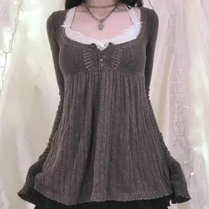 2000s Vintage Long Sleeve Babydoll Knitted Sweater Tops Cottage Milkmaid Pullovers Aesthetic Grunge Y2k Knitwear T-shirts Women