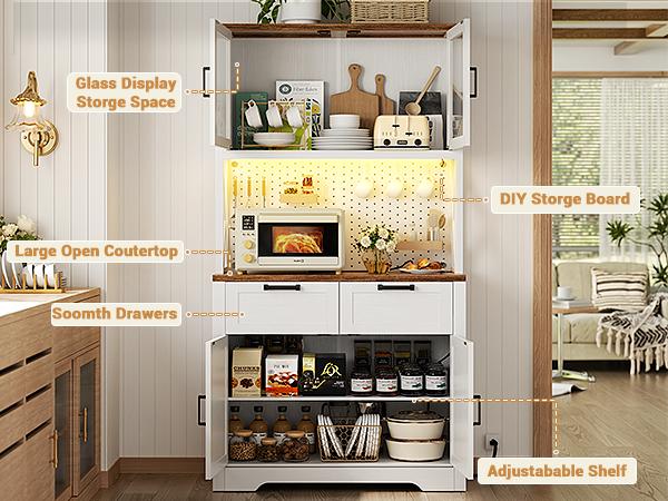 Unikito 71" Kitchen Pantry Storage Cabinet with LED Light & Power Outlet，Freestanding Buffet Cabinet with Microwave Stand,4 Door Shelves, tall Wine Rack