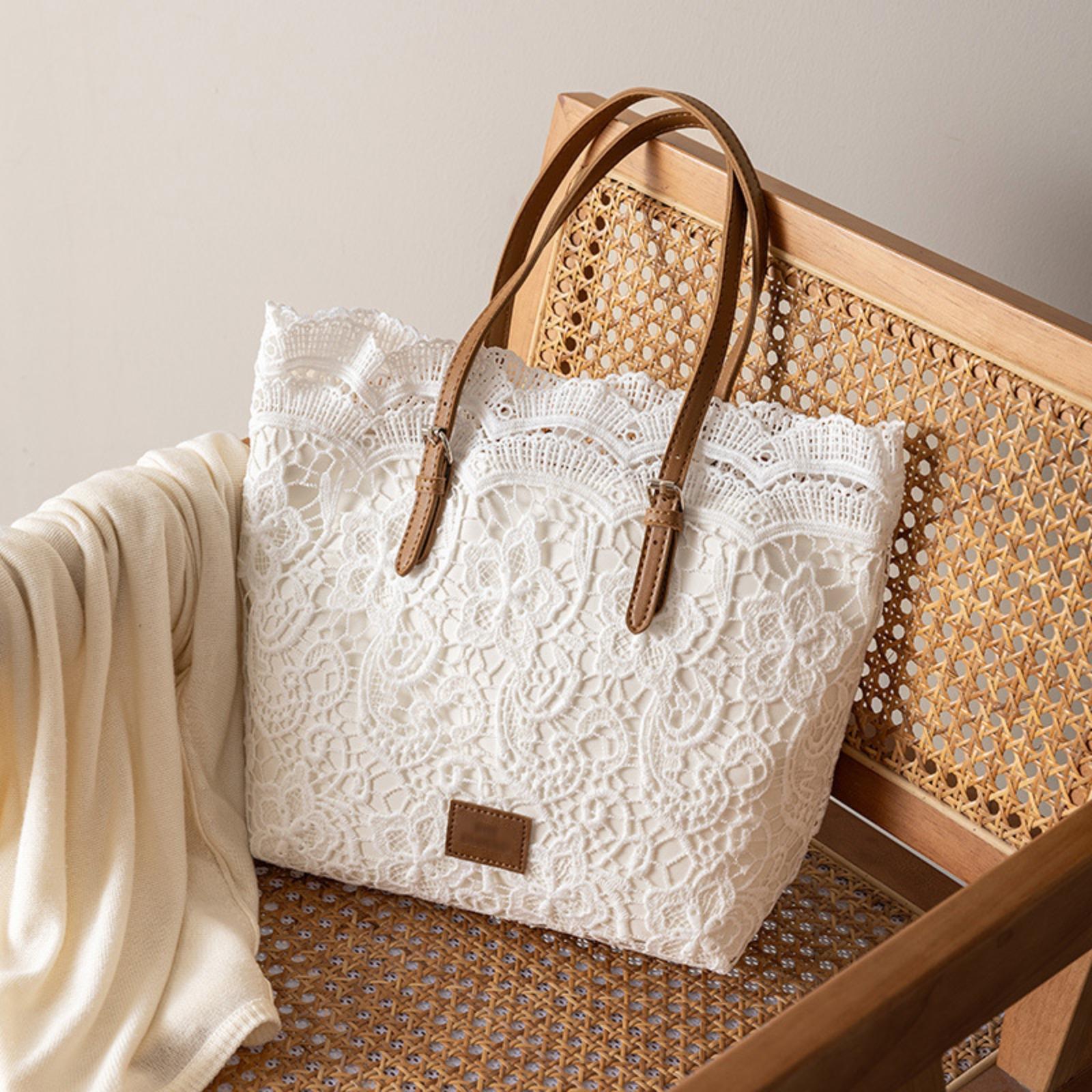 Trendy Lace Crochet Beach Bag for Women, Large Capacity Floral Shoulder Tote, Perfect Vacation Travel Handbag, Versatile Knitted Purse for Resort & Summer Outings
