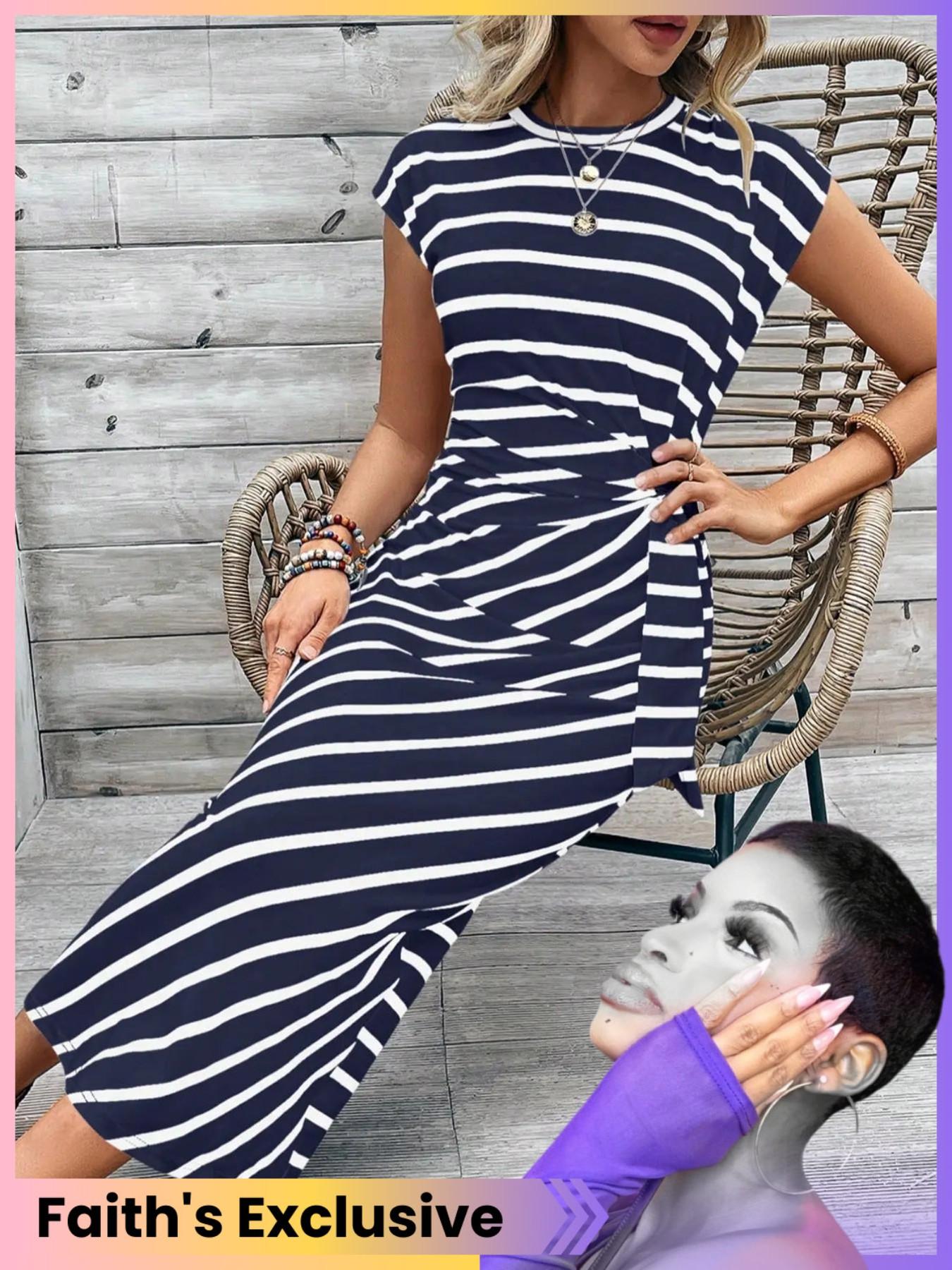short striped dress with knot Theory Knotted Short-Sleeve T-Shirt Dress, Gray, Women's, XS