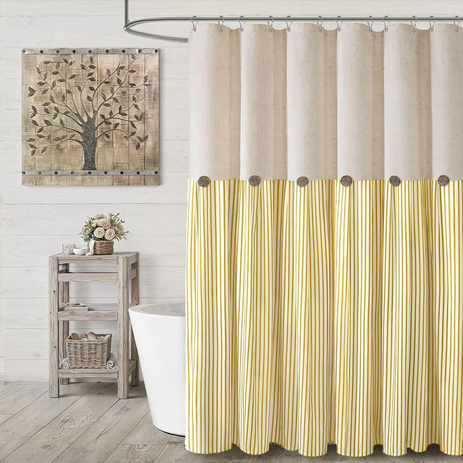 Farmhouse Shower Curtain Linen Button Woven Fabric Country Rustic Western, Pleated Yellow Stripe 72" W x 72" L