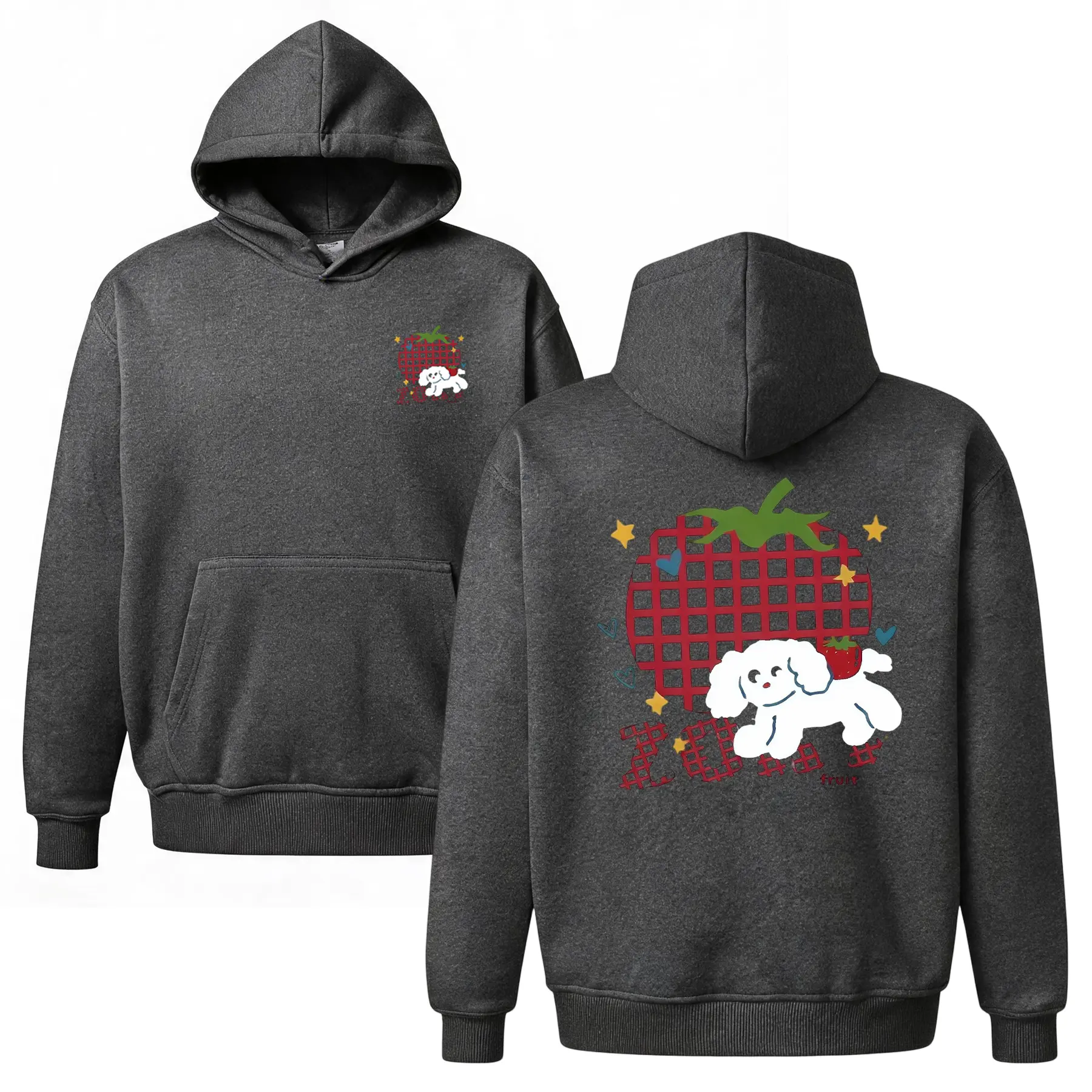 Y2K Cute Dog Hoodie Graphic Streetwear - Unisex Oversized Baggy Fleece Sweatshirt, Retro Strawberry Apple Life Hoodie Cozy Comfy Outfit Casual Loungewear, Cheap Popular Everyday Versatile Gift for Him Her Birthday