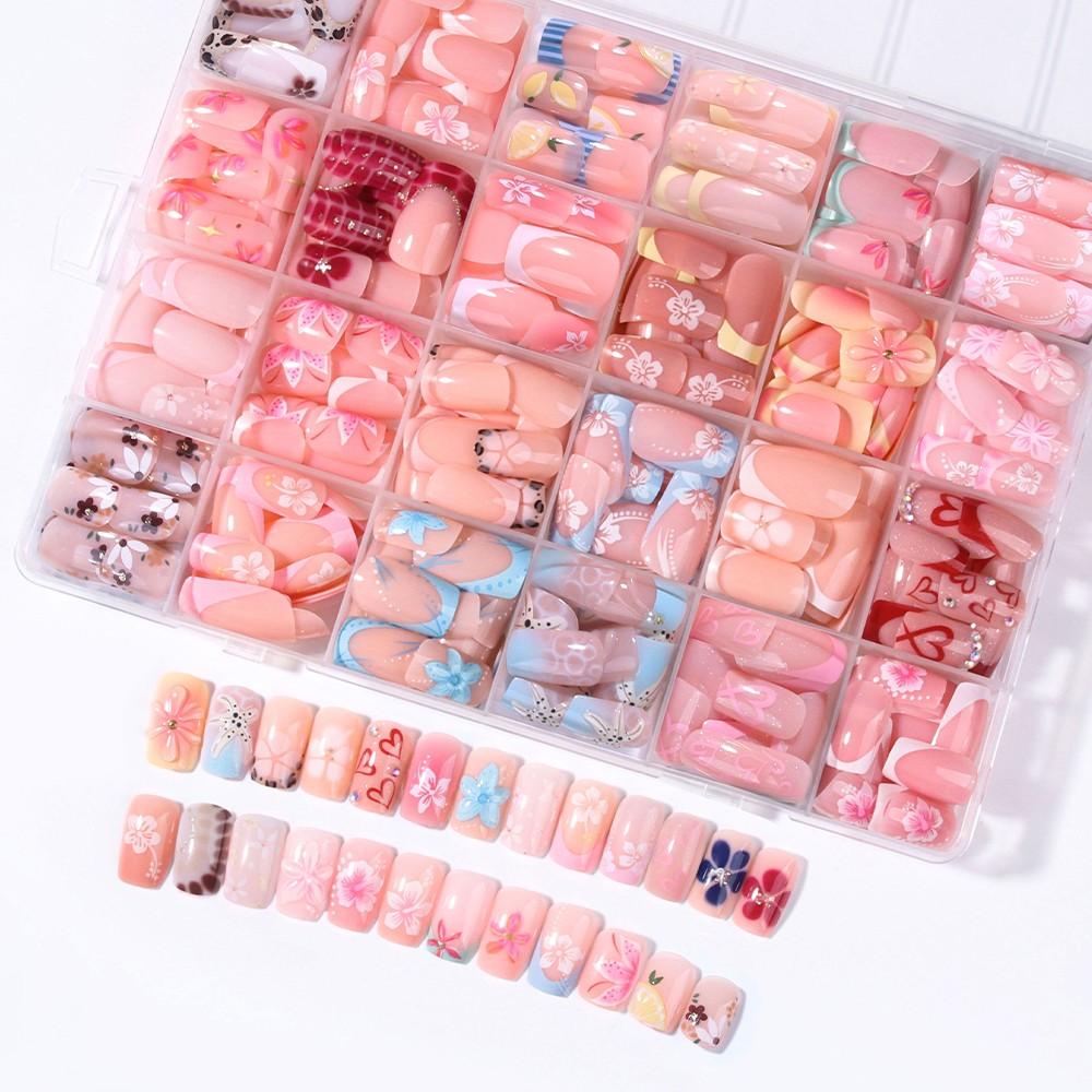 576pcs Short Square French Press-On Decorative Nails, 3D Gel Flower Peony Nail Art with Polka-Dot and Leopard Patterns, Acrylic False Nail Set