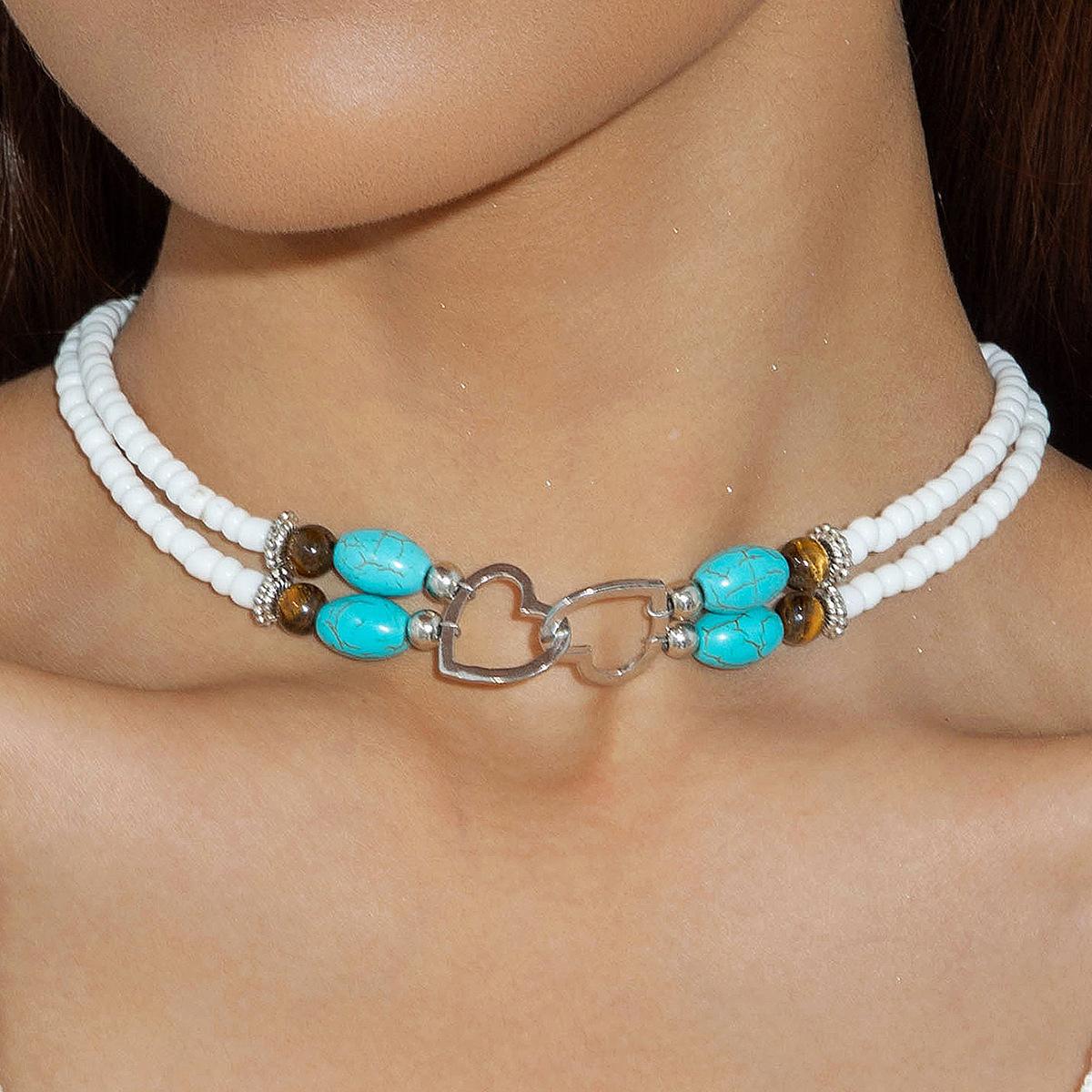 Boho Vacation Style Beaded Turquoise Jewelry Set, Metal Heart Jewelry, Elegant Accessories for Women, Perfect Gift Idea