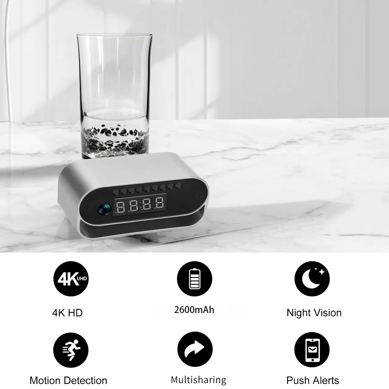 4K HD Clock Security Camera with Night Vision, AI Motion Detection, Alarm Functions, Remote APP Control, 6-Meter Recording, Ideal for Home, Pets, Office, RV, Warehouse