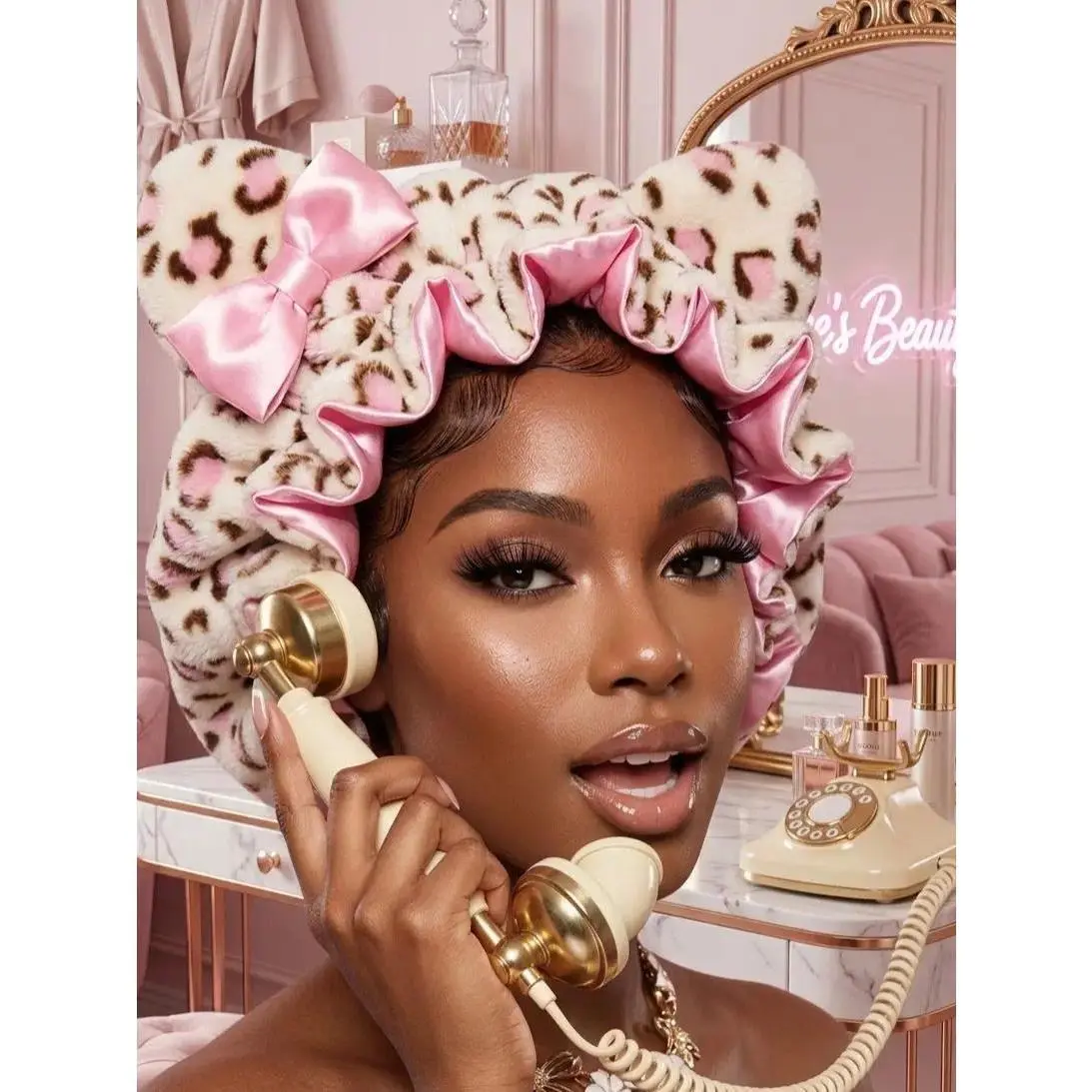 Effortless Luxury Leopard Plush Satin Hair Bonnet with Cute Ears and Bow Soft Silk Lined Night Sleep Cap for Curly Braided Natural Hair Adjustable Elastic Hair Bonnet for Women Hair Protection