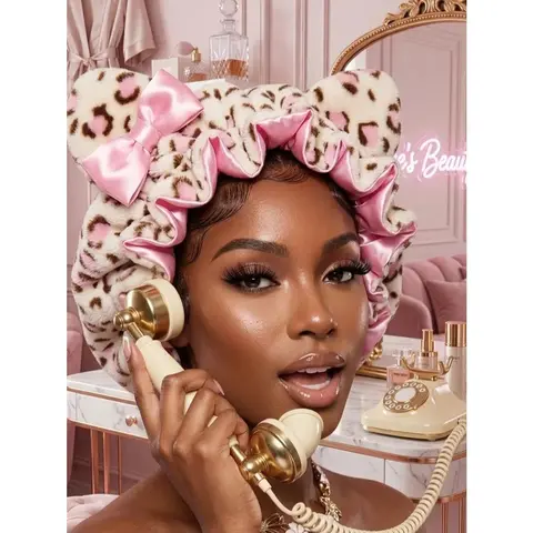 Women's Elastic Adjustable Strap Leopard Fluffy Plush Faux Fur Satin Bonnet - Smooth Silky Double-Satin Liner, Cute Ears & Bow, Curly Hair Nightcap, All Seasons Sports Headwear, Luxury Haircare Gift