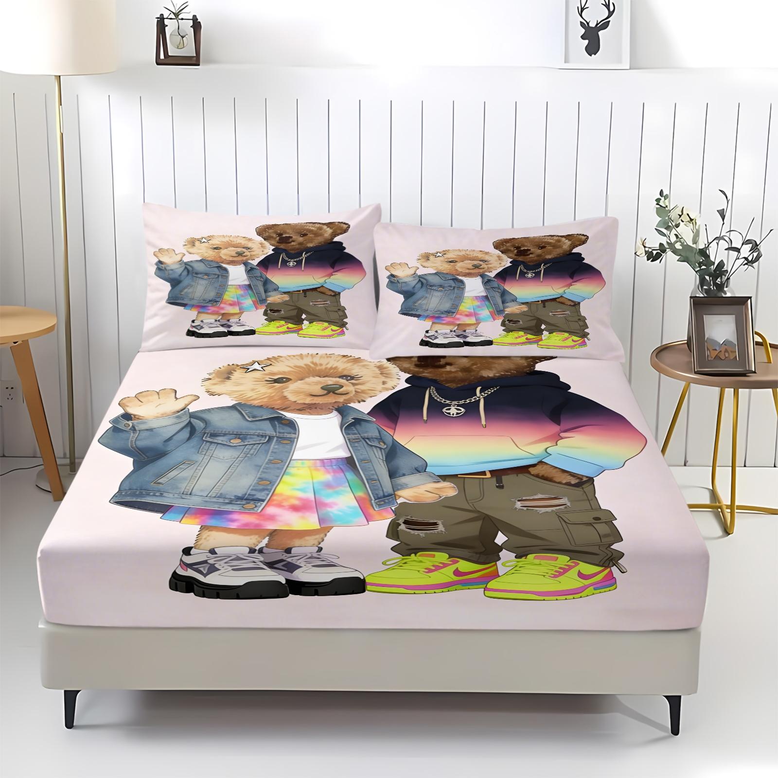 Teddy Bear Flower Pattern Bed Sheet, Comfortable Printed Pattern, Includes 1 Bed Sheet and 2 Pillowcases, Comfortable Bedding, Non slip Dust Cover Suitable for Bedroom and Guest Room, Suitable for Adult Gifts