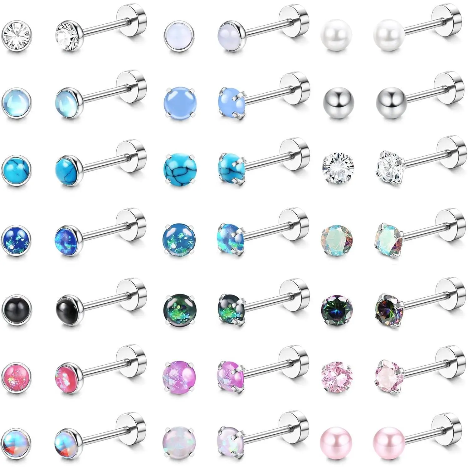 CASSIECA 20G Surgical Steel Hypoallergenic Flat Back Screw Back Earrings Studs, Dainty Stacking Cubic Zirconia Daily Wear for Women, Cartilage Jewelry for Multiple Piercings, Cubic Zirconia Earrings Sohochic
