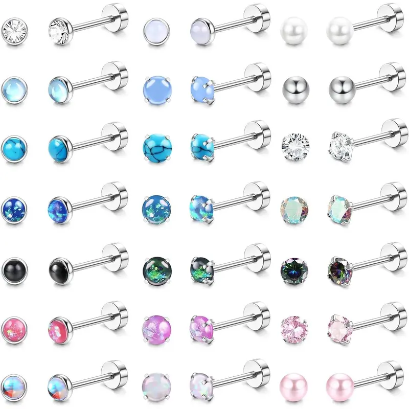 CASSIECA 20G Surgical Steel Hypoallergenic Flat Back Screw Back Earrings Studs, Dainty Stacking Cubic Zirconia Daily Wear for Women, Cartilage Jewelry for Multiple Piercings, Cubic Zirconia Earrings Sohochic