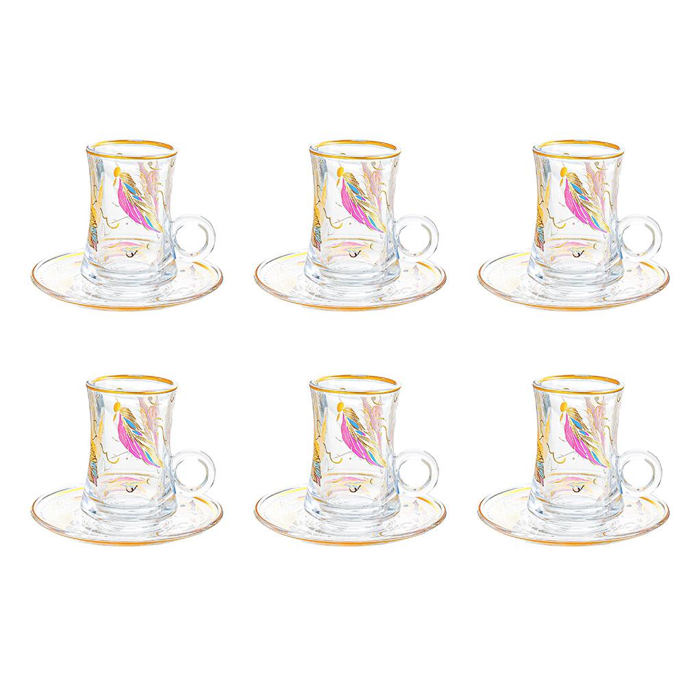 Vintage Turkish Tea Glasses Cups and Saucers Set of 6 Handle Drinkware Drink Bar Fancy Teapots Serving Glassware Drinking Kitchen Women Moroccan Persian Teacups Party Art Deco