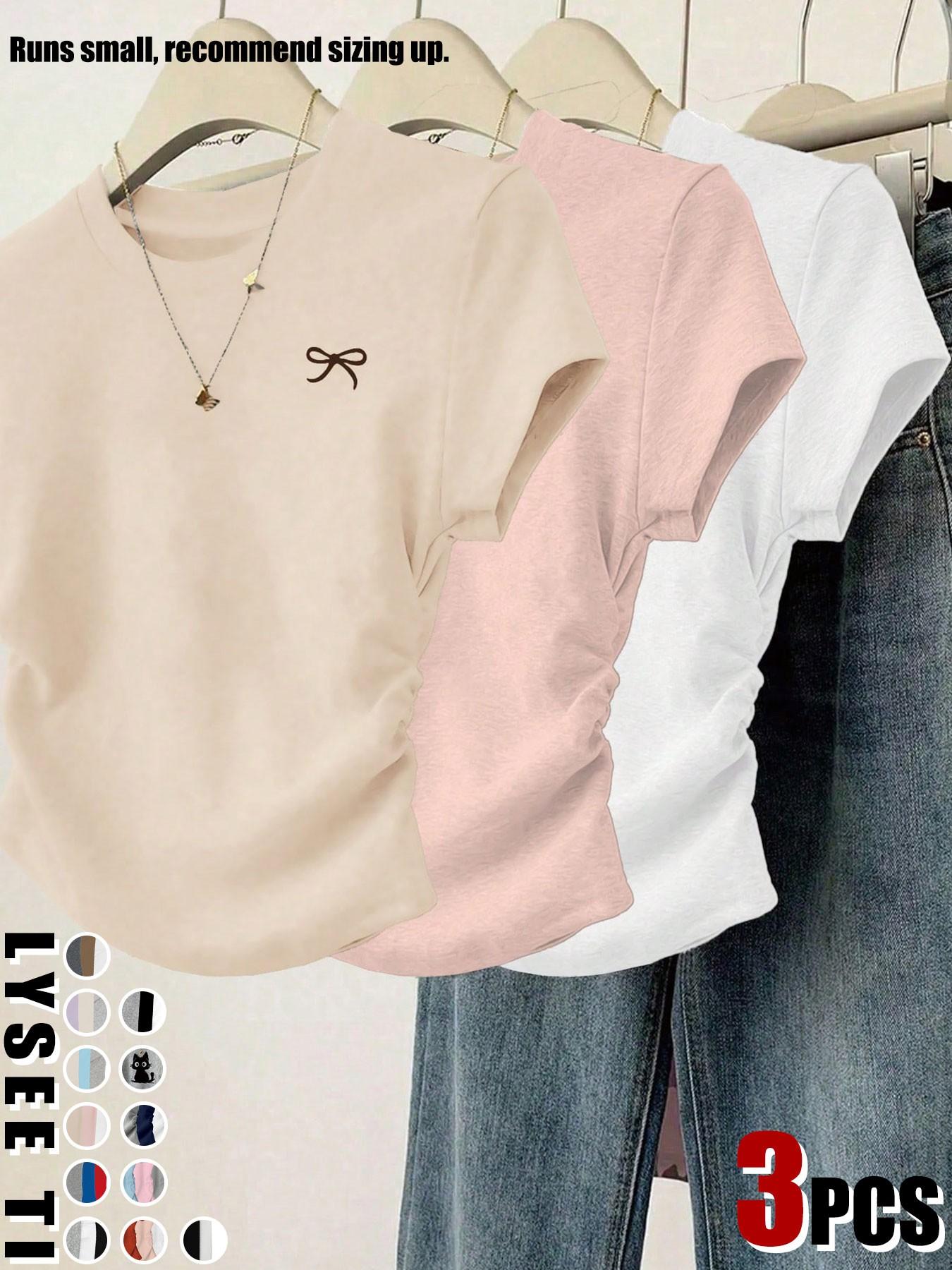 3pcs/1pc women's casual fashion slim fit small bow print details simple solid color pleated pullover shirt women's round neck short sleeved three piece T-shirt