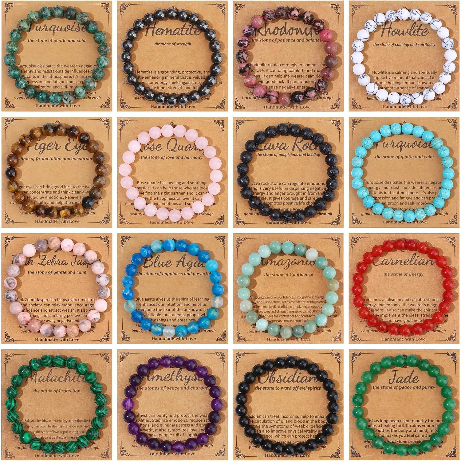 16Pcs 8mm Natural Stone Beaded Bracelets for Women Men, Gemstone Stretch Bracelet Set with Tiger Eye Amethyst Rose Quartz Lava Rock, Stackable Jewelry