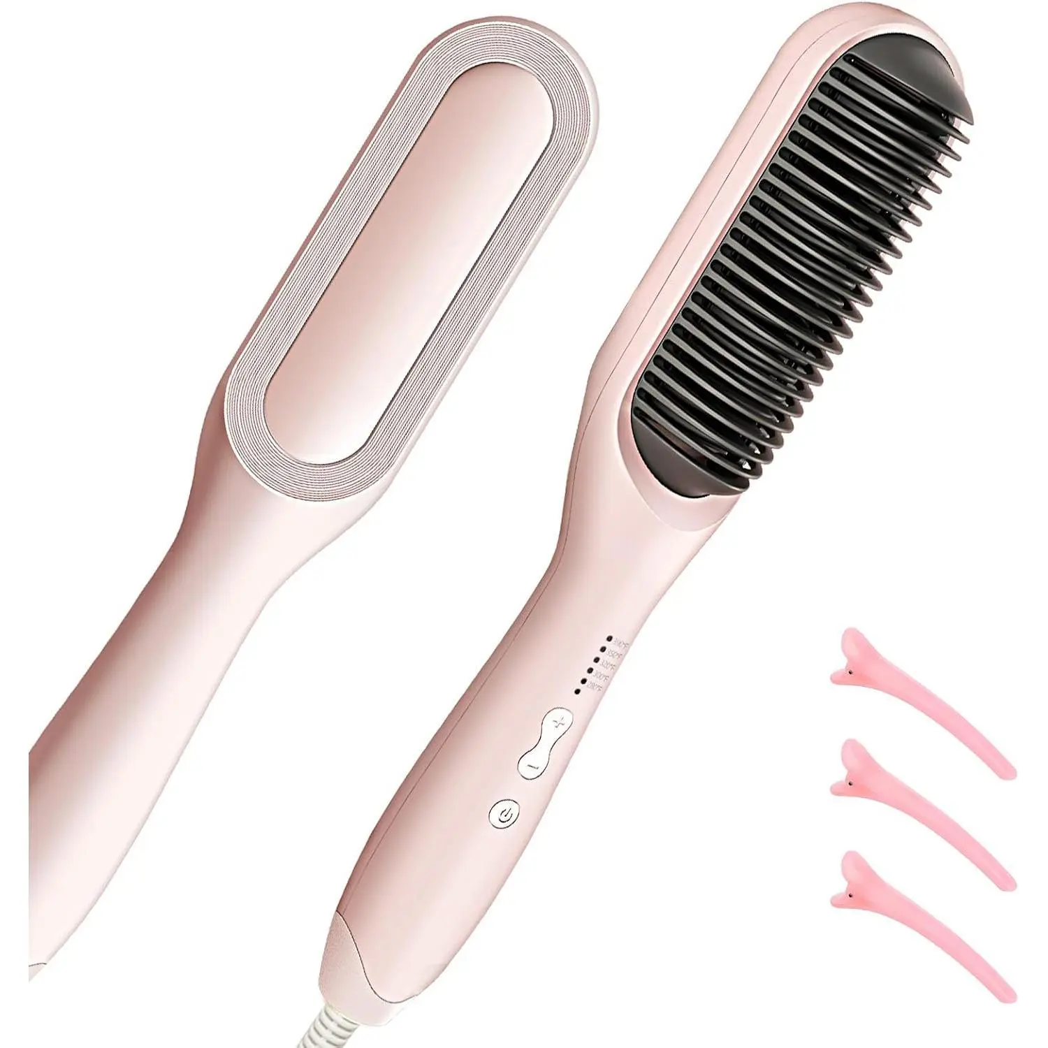 Women's Ionic Hair Straightening Brush - 5 Temp Settings, Fast Heating, Dual Voltage, Anti-Scald, Auto-Shut Off (Pink)