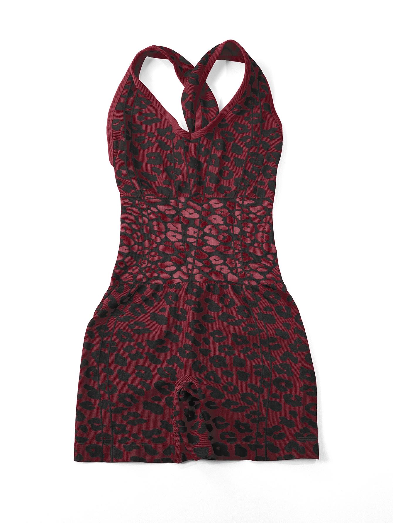 Women's Sporty Jumpsuit, Deep U-Neck Leopard Print, High Waist Fitted, Breathable Yoga Wear, Gym Outdoor Running Training
