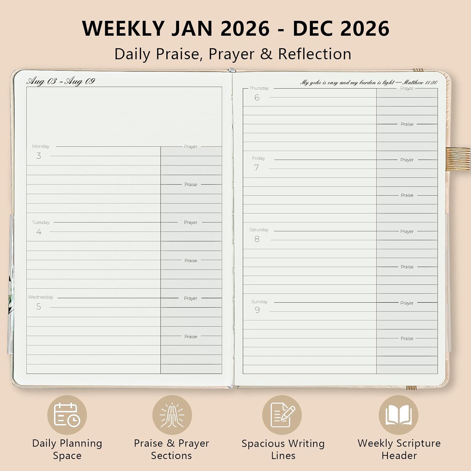 2026 Christian Planner in Beige - Elegant 12-Month  Journal and Prayer Notebook, Scripture-Based Weekly Planner, Christian Gifts for Women, Minimalist Hardcover