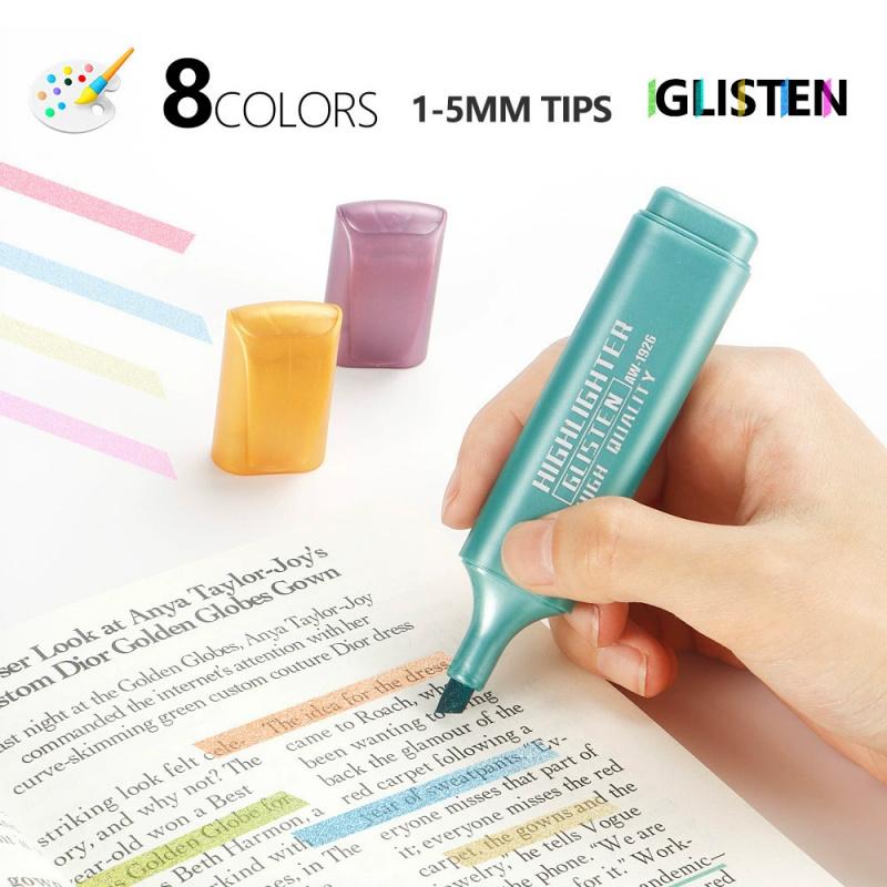 Glitter Highlighters Set 8Pack Subtle Colors with Chisel Tips, Flexible Line Width and Smudge-Proof Water-Based Ink for Sparkling Note-Taking,Cute Markers Pen Highlighter