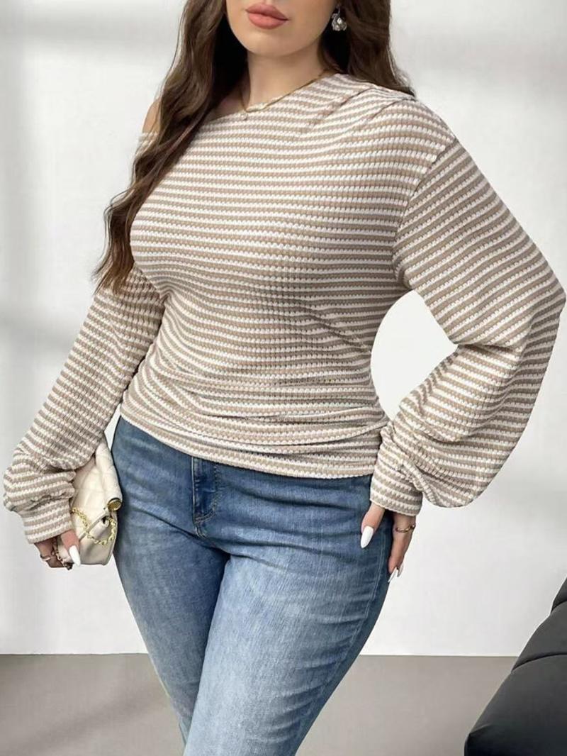 【Plus Size】1 Piece Women's Beige & White Striped Cold Shoulder Long Sleeve Crop Top, Y2K Aesthetic Street Style, Waffle Knit Fabric & Slim Fit, Ruffled Cuff Detail, For Fashion-Forward Women, Perfect for Streetwear, Casual Outings & TikTok Trendy Looks