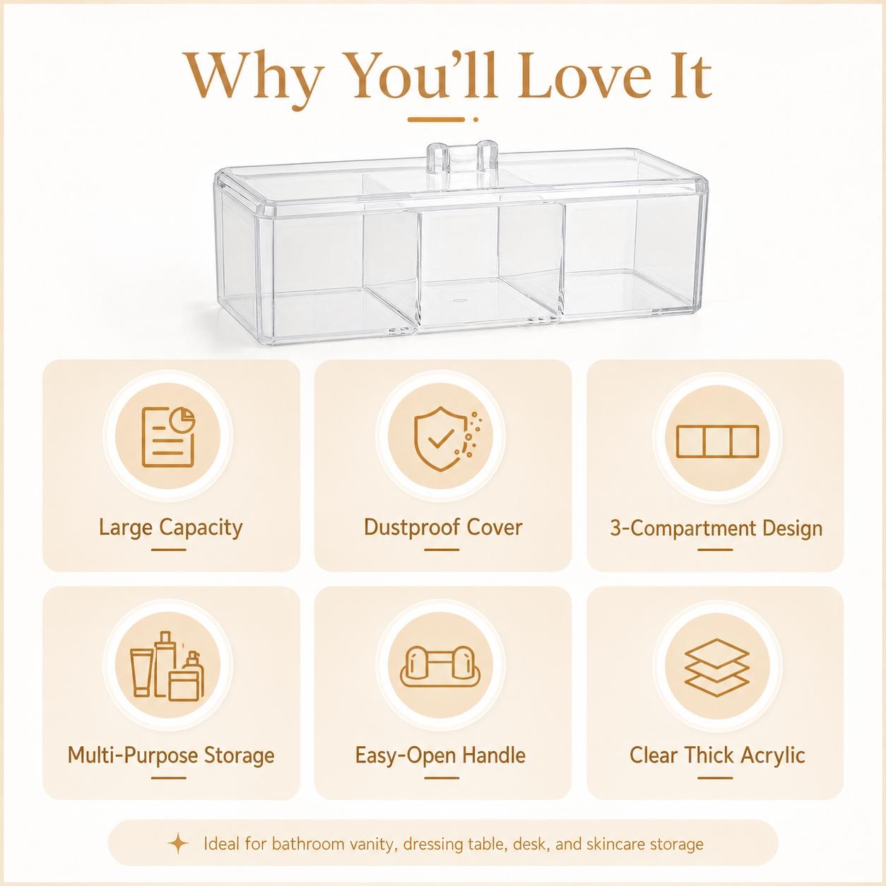 1PCS Clear Acrylic Cotton Pad & Qtip Holder with Lid, 3-Compartment Dustproof Odorless Makeup Organizer for Cotton Balls, Swabs, Beauty Sponges, Powder Puffs, Floss Picks, Bathroom Vanity, Dressing Table, Desk & Skincare Storage