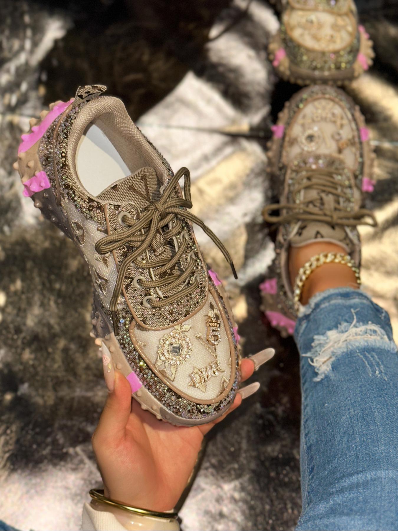 Women's Thick Sole Sports Shoes with Rhinestone Details, Fashion Casual Sneakers, with Letter Embroidery Design, Perfect for Daily Wear