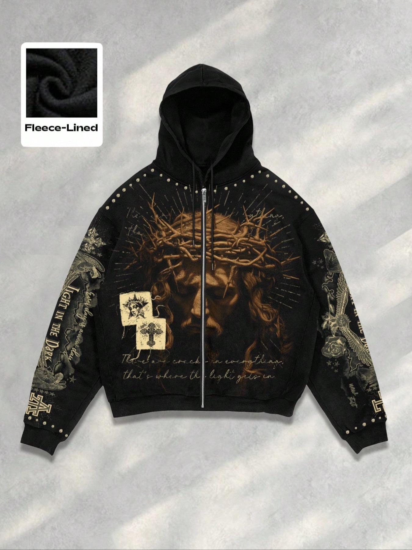 Men's Street Life Men's street style graphic lettering and religious figure Jesus print zip-up hoodie for fall and winter