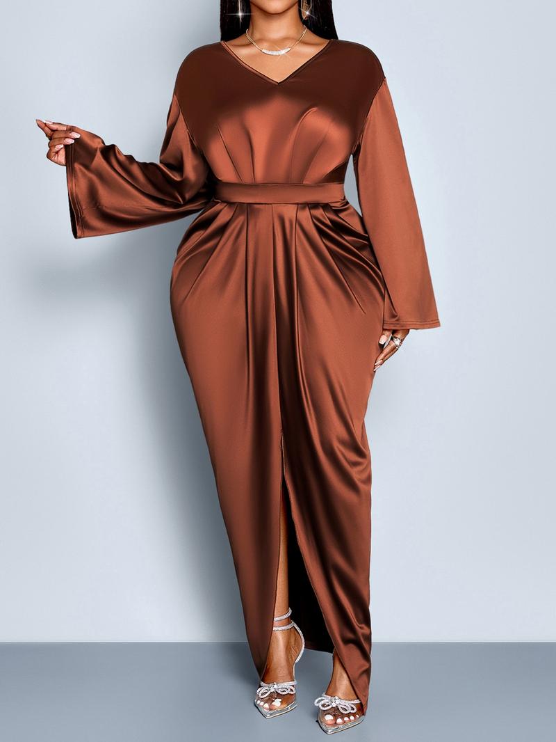 Elegant V Neck Backless Long Sleeve Dress, Plus Size Women's Fall Fashion, Slim-Fitting High Waist Split Skirt for Evening Parties