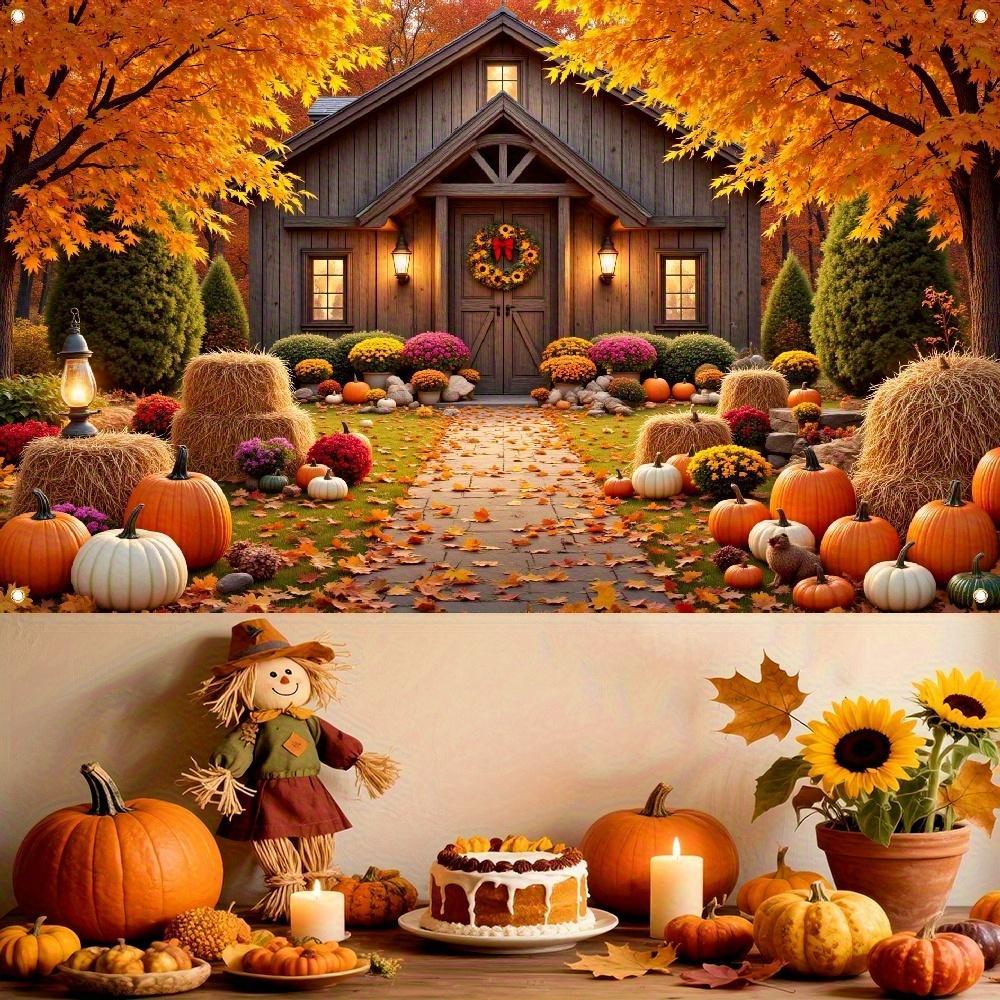 2D Flat, 1pc Welcome Autumn Banner- Cozy Farmhouse Design with Wooden Details& Flower Accents, Perfect for Thanksgiving& Harvest Celebrations, 59x94.4 Inches, Polyester Material, Fall Decorations